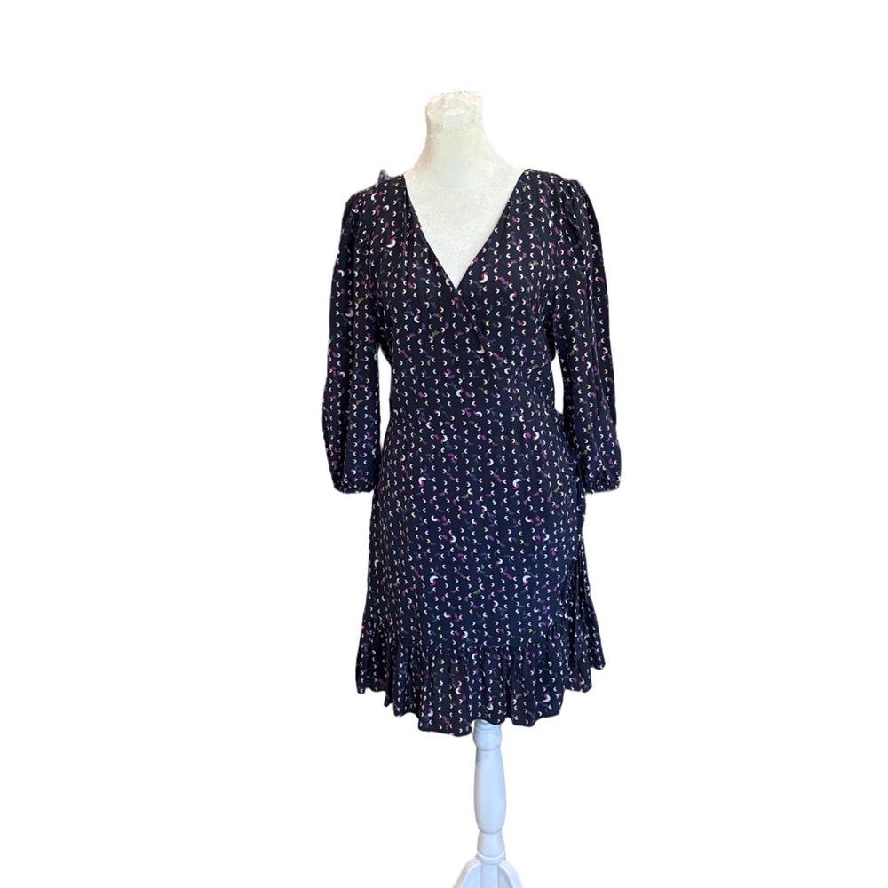 Tanya Taylor Bernadine Size 10 silk faux wrap short dress navy blue ruffle hem